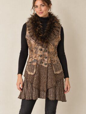 RARE VTG IDENTITY CLUB Camo Knit & FAUX Leather Feathers/Fur Sweater‎ Vest